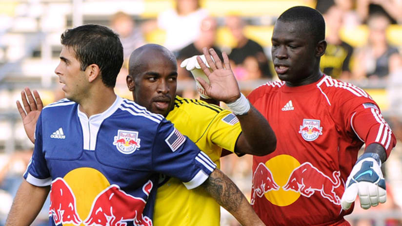 Emilio Renteria (center) and the Crew will play their home opener against the New York Red Bulls on March 26.
