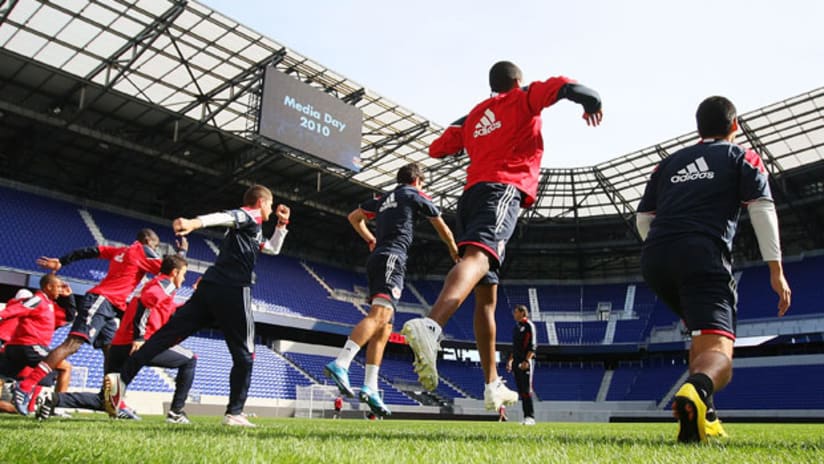 New York Red Bulls players warm up during media day on Wednesday.